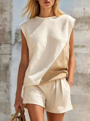 Women's Retro Color-block Sleeveless Round Neck Cotton And Linen T-shirt And Shorts Set
