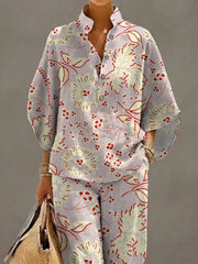Women's Retro Floral Art Print Casual 3/4 Sleeve Top And Pants Cotton Linen Suits