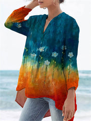 Women's Flower Print Casual Linen V-neck Shirt
