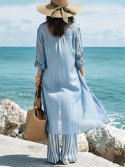 Chiffon Long Cardigan + Cami + Striped Wide-leg Pants Set