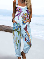 Women's Vintage Ocean Fish Art Print Casual Wide Leg Jumpsuit
