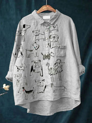 Hand drawn line dog Women's Print Casual Cotton And Linen Shirt