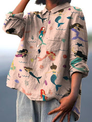 🔥 Linen Shirt Sale: Buy 2 Get 1 FREE – Code: 3FREE | Mermaids Having Fun In The Sea Decorative Pattern Casual Cotton And Linen Shirt