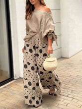 Women's Women Solid Color Round Neck Long Sleeves Casual Loose Tops High Waist Polka Dot Print Casual Loose Wide Leg Pants