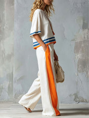 Women's Striped Color-block Loose Vacation Round Neck Short-sleeve Top And Wide-leg Pants Two-piece Set