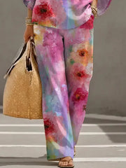 Women's Retro Floral Art Print Casual 3/4 Sleeve Top And Pants Cotton Linen Suits