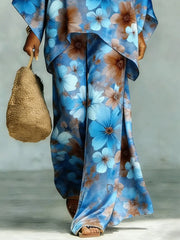 Women's Vintage Floral Art Comfortable Loose Cotton Linen Wide-leg Pants Two-piece Set