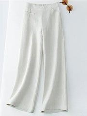 Women's Solid Color Button Half Elastic High Waist Casual Cotton and Linen Wide Leg Pants