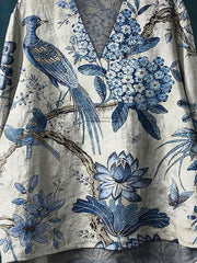 Women's Vintage Lovely Floral Birds Art Print Casual Cotton And Linen V-neck Shirt