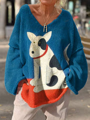 Retro Dog Art Print Casual Pullover Sweater