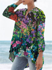 Women's Flower Print Casual Linen V-neck Shirt