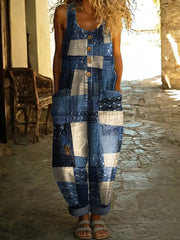 🔥Buy 2 Get 1 FREE – Code: 3FREE | Women's Fabric Patchwork Print Casual Denim Jumpsuit