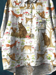 Women's Vintage Lovely Woodland Animals Art Print Casual Cotton And Linen Shirt