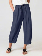 Women's Slacks with Cotton and Linen Drawstring Pockets