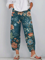 Women's Vintage Floral Pattern Art Print Casual Denim Pants