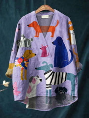 Women's Dog Art Print Casual Cotton And Linen V-neck Shirt