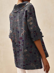 Women's Floral Art Print Casual Linen V-neck Shirt