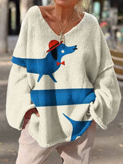 Women's Dog Art Print Casual Pullover Sweater