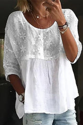 Women's Lace Embroidery Patchwork Linen Loose Crew Neck Split Joint Shirt