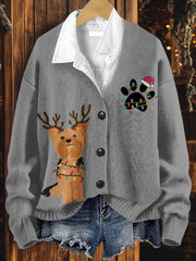 Dog Art Print Button V Neck Cardigan Sweater