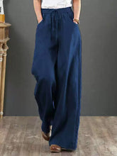 Women Solid Color Elastic Waist Pockets Casual Linen Wide Leg Pants