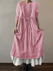 Women's Solid Color Round Neck Long Sleeve Casual Loose Tie-Drawstring Dress