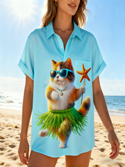 Women's Moisture-wicking Fun Dancing Hula Cat Beach Chest Pocket Hawaiian Shirt