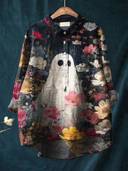 Women's Halloween Ghost Art Print Casual Cotton And Linen Shirt