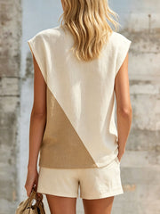 Women's Retro Color-block Sleeveless Round Neck Cotton And Linen T-shirt And Shorts Set