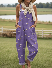 Women's Bee Art Print Casual Cotton Wide Leg Jumpsuit