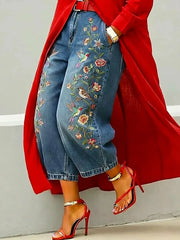 Women's Retro Floral Birds Pattern Art Print Casual Jeans