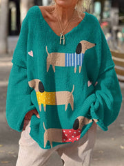 Women's Dog Art Print Casual Pullover Sweater