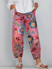 Women's Vintage Floral Pattern Art Print Casual Denim Pants