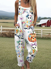 Women's Ghost Pumpkin Art Print Casual Wide Leg Jumpsuit