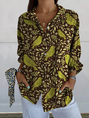 Women's Vintage Floral Birds Art Print Casual Linen V-neck Shirt