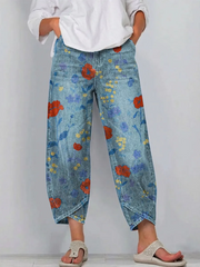 Women's Vintage Floral Pattern Art Print Casual Denim Pants