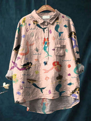 🔥 Linen Shirt Sale: Buy 2 Get 1 FREE – Code: 3FREE | Mermaids Having Fun In The Sea Decorative Pattern Casual Cotton And Linen Shirt