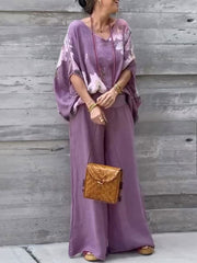 Women's V-neck Batwing Sleeves Abstract Positioning Print Loose Top Elastic Waist Cotton and Linen Wide Leg Pants Set