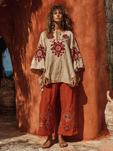 Bohemian Floral Print Linen And Cotton Two-piece Top And Pants Set
