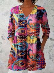Women's Art Geometric Floral Print V-Neck Top