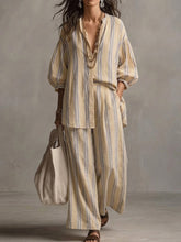 Women's Bohemian Loose Striped Cotton And Linen Set
