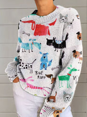 Women's Dog Art Print Casual V-neck Pullover Knit