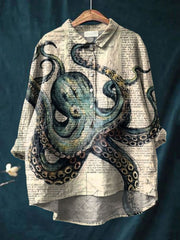 Women's Octopus Print Casual Cotton And Linen Shirt