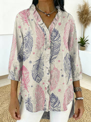 Women's Vintage Feather Print Casual Ruffled Shirt
