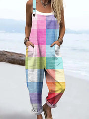 Women's Colorful Art Plaid Print Casual Cotton Linen Wide Leg Jumpsuit