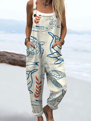 Women's Retro Funny Fish Turtle Art Print Casual Wide Leg Jumpsuit