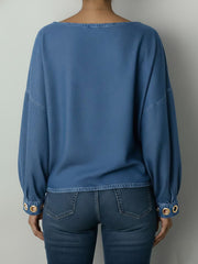 Women's Round Neck Metal Eyelet Cutout Design Casual Loose Long-sleeved Denim Top.