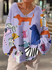 Retro Dog Art Print Casual Pullover Sweater