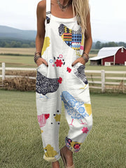 Women's Vintage Funny Chicken Art Print Casual Cotton Wide Leg Jumpsuit