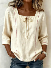 Women's Square-neck 3/4-sleeve Loose-fit Cotton-linen Top